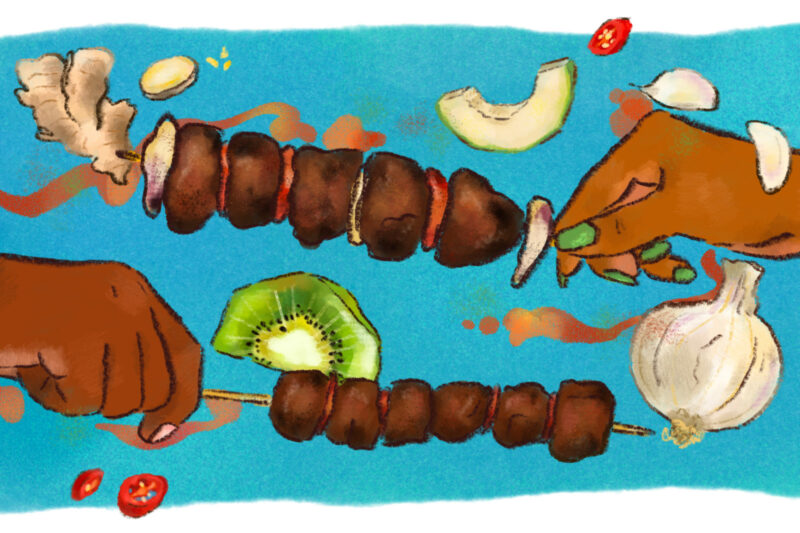 Illustration of East African meat skewers, mishkaki