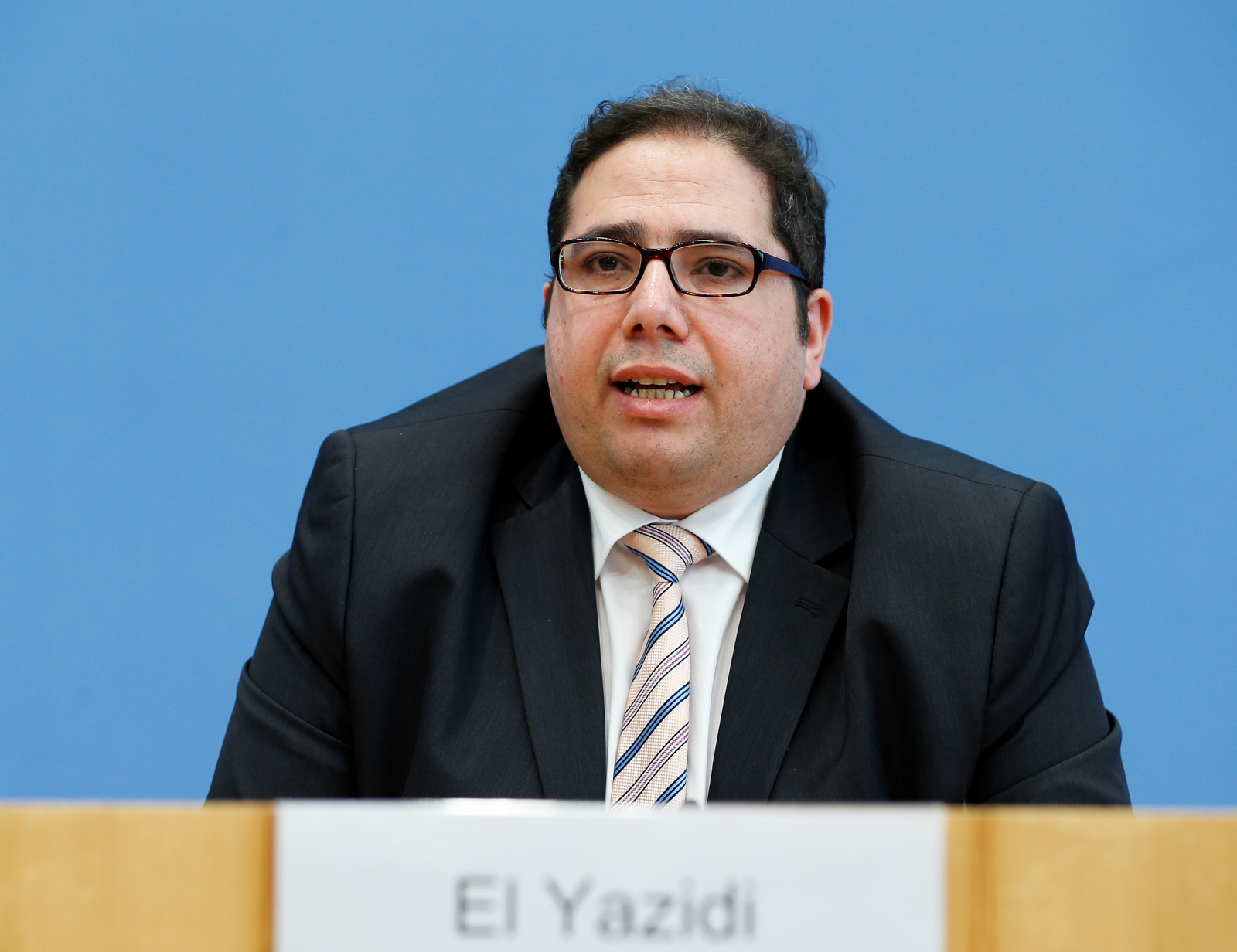 BERLIN, GERMANY - MARCH 19: ZMD Secretary-General Abdassamad El Yazidi and Central Council of Muslims in Germany (ZMD) chairman Aiman Mazyek (not seen) make a press statement regarding the twin terror attacks in New Zealand, on March 19, 2019 in Berlin, Germany.