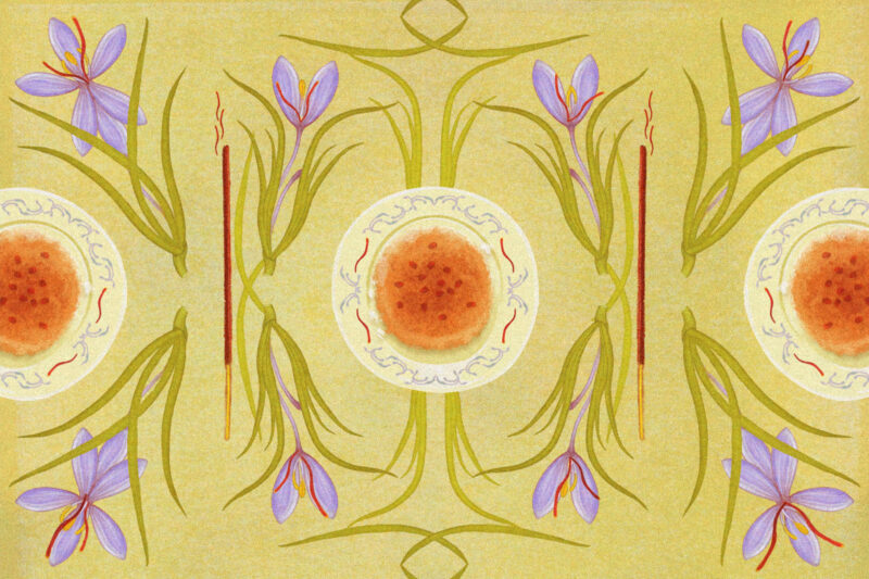 Illustration of bowls of food and flowers for article on the history of saffron
