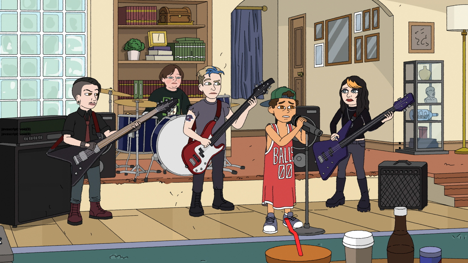 A cartoon of a boy in a red baseball top singing as part of a five-piece band, otherwise dressed as goths. Their expressions are apprehensive. They appear to be playing on a makeshift stage in someone's living room.